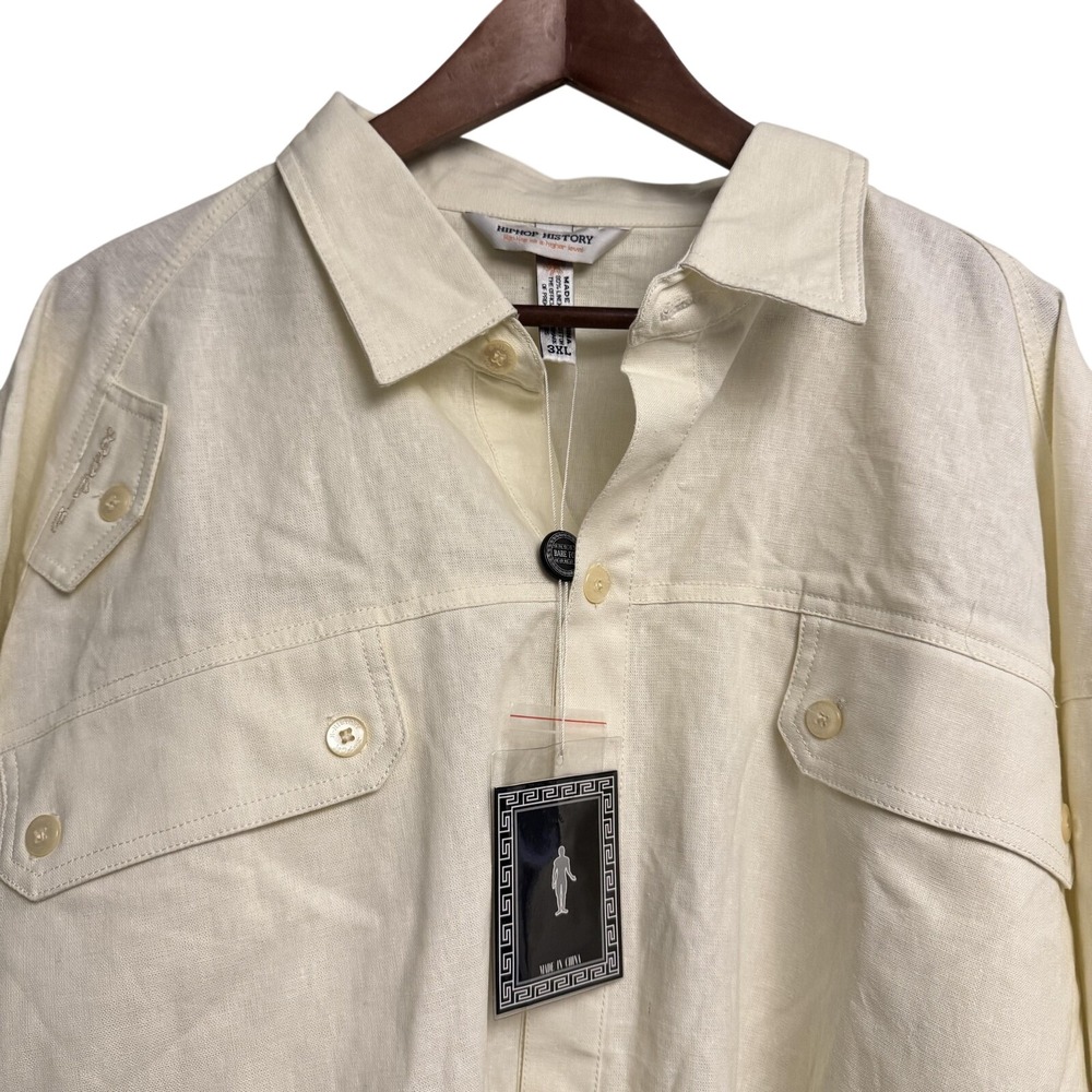 HipHop History Shirt Mens 3XL Off-White Linen Short Sleeve Relaxed Button-Up